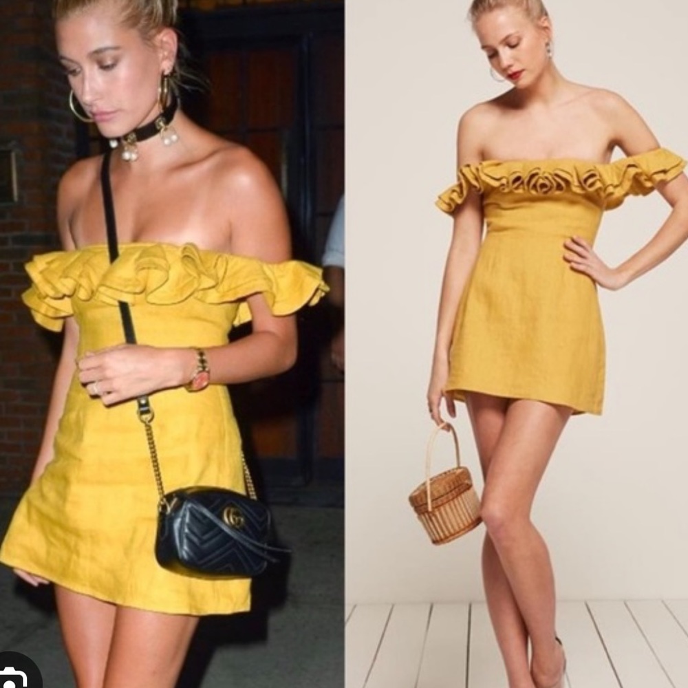 Reformation yellow off shoulder mini dress
